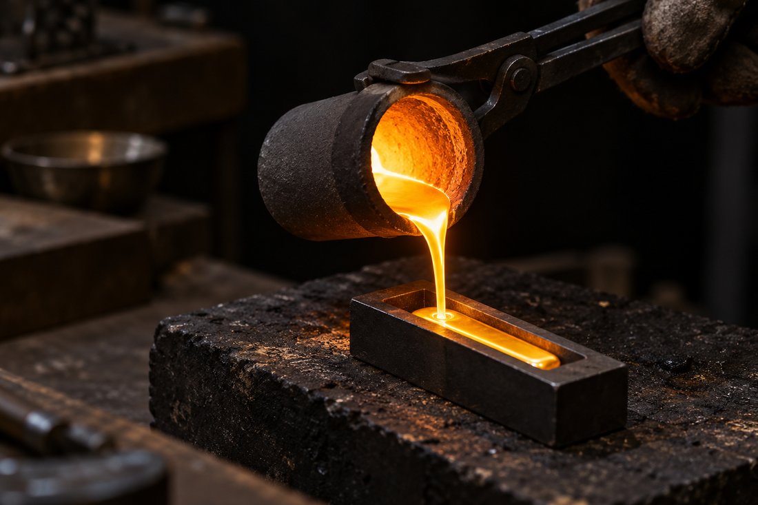 Flüssiges Gold fließt aus einem Schmelztiegel in eine Barrenform auf dem Lötblock (KI-Illustration)