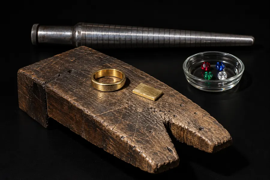 Ein Ring aus Gelbgold und ein Stück Goldblech auf einem alten Feilnagel, dahinter ein Ringriegel und ein Schälchen mit vier Edelsteinen